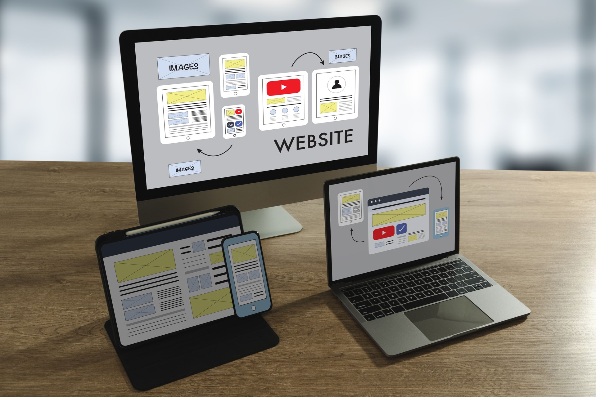 Responsive website design mockup on desktop, laptop, tablet, and smartphone for modern web development and UI/UX projects