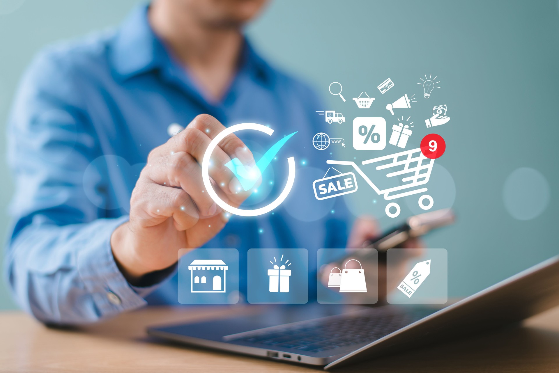 Online digital marketing concept. Investment E-commerce sale concept. Business man use mobile phone, market channel solution. Promotion product service plan, search engine, social media, website SEO